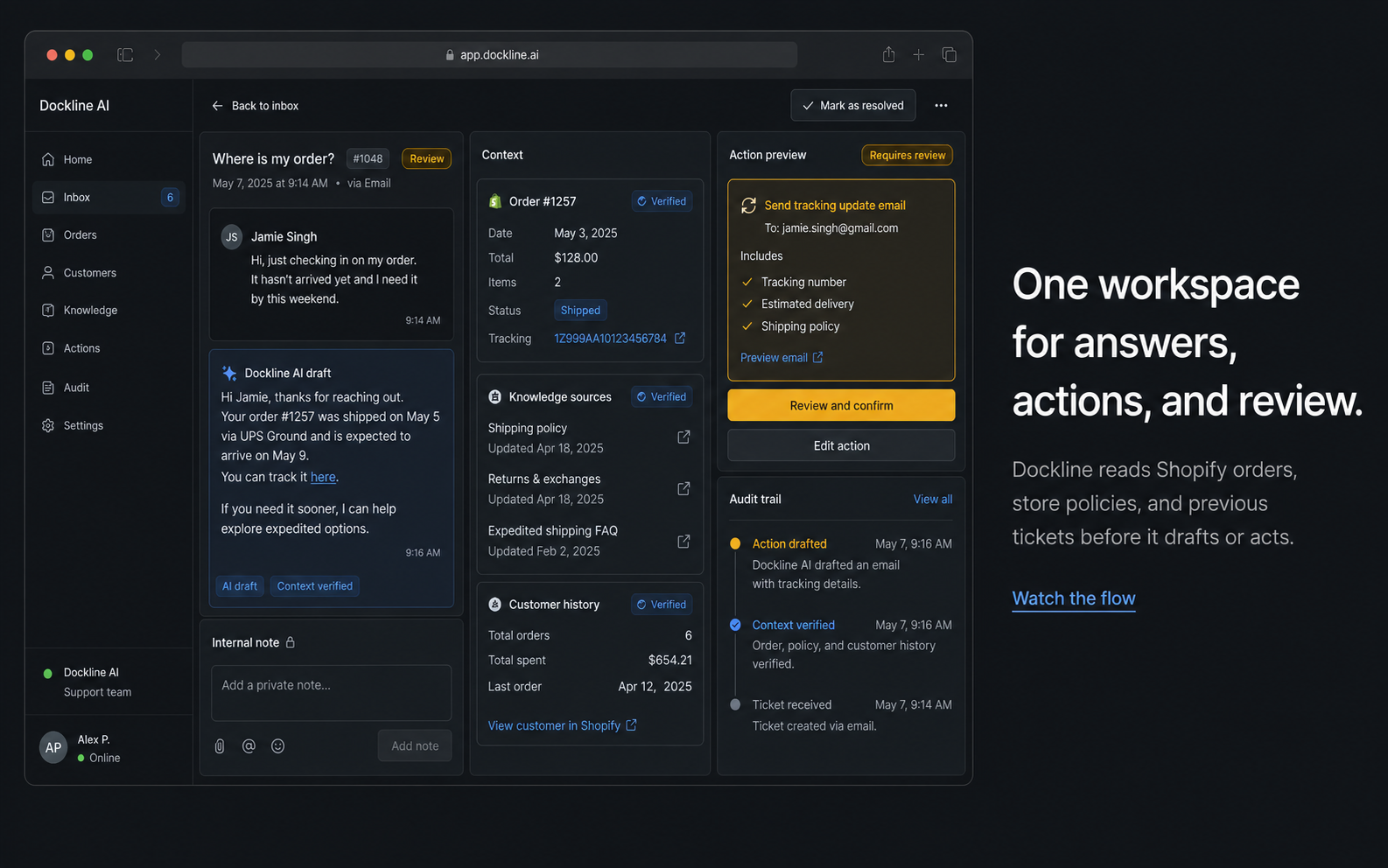 Dockline AI support command center concept with order context and approval state